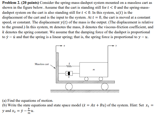 Problem 2 20 Points Consider The Spring Mass Dashpot System Mounted On A Massless Cart As Shown In The Figure Below 1