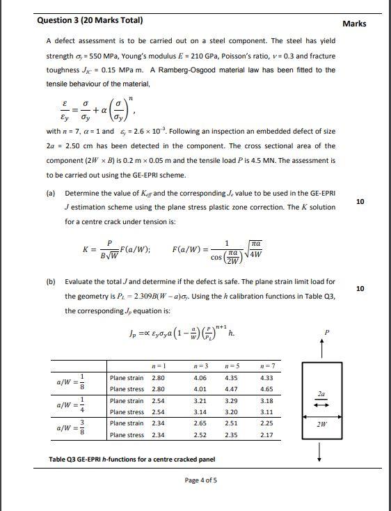 Marks Question 3 20 Marks Total A Defect Assessment Is To Be Carried Out On A Steel Component The Steel Has Yield Str 1