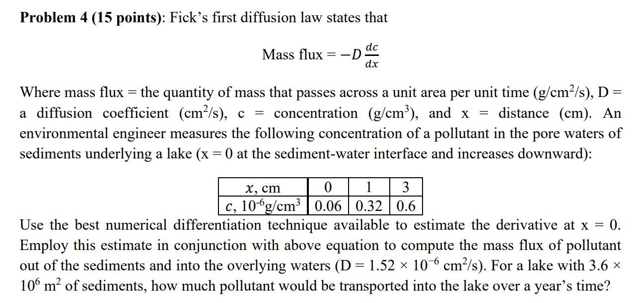 Problem 4 15 Points Fick S First Diffusion Law States That Dc Mass Flux D Dx Where Mass Flux The Quantity Of 1