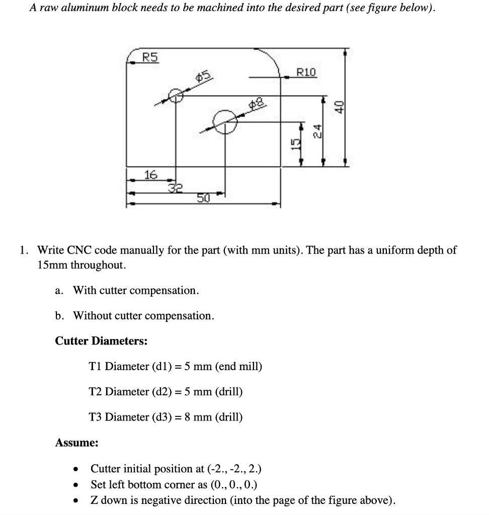 1 Write Cnc Code Manually For The Part With Mm Units The Part Has A Uniform Depth Of 15 Mm Throughout A With 1