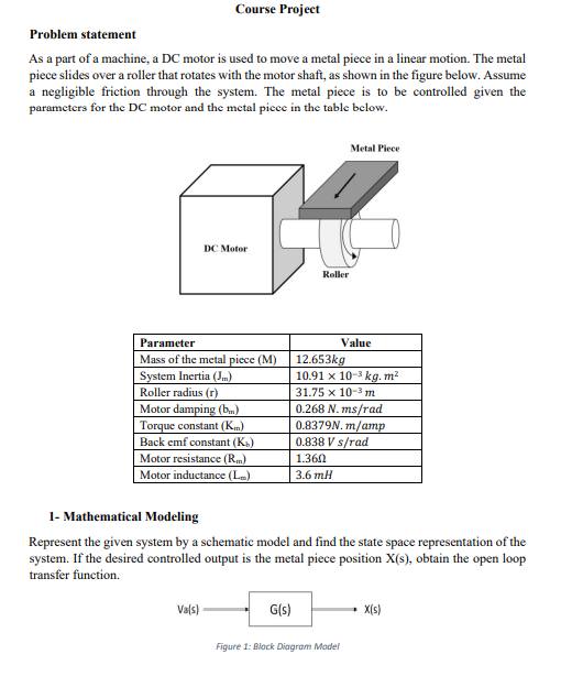 Course Project Problem Statement As A Part Of A Machine A Dc Motor Is Used To Move A Metal Piece In A Linear Motion Th 1