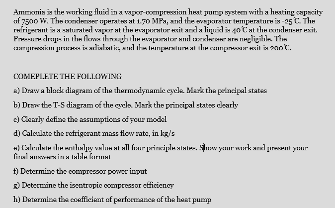 Ammonia Is The Working Fluid In A Vapor Compression Heat Pump System With A Heating Capacity Of 7500 W The Condenser Op 1
