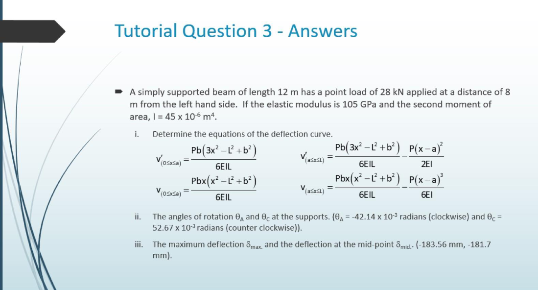 Tutorial Question 3 Answers A Simply Supported Beam Of Length 12 M Has A Point Load Of 28 Kn Applied At A Distance O 1