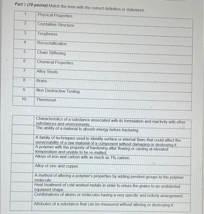 Part 2 10 Points Match The Term With The Correct Definition Or Statement Physical Properties 2 Crystalline Structure 3 1