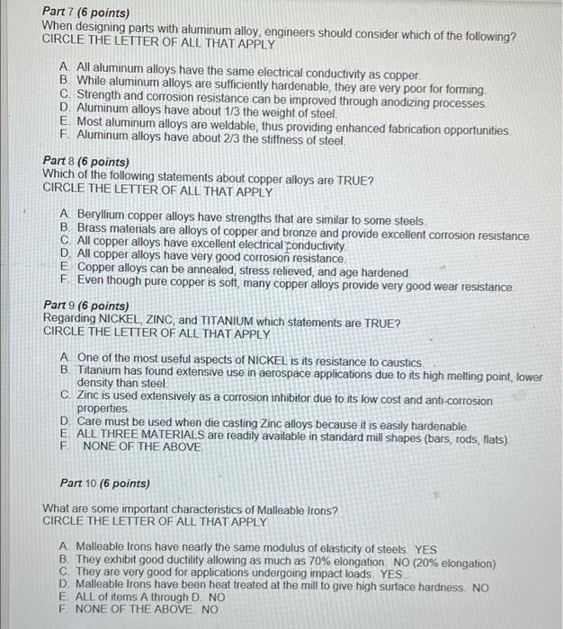 Part 7 6 Points When Designing Parts With Aluminum Alloy Engineers Should Consider Which Of The Following Circle The 1