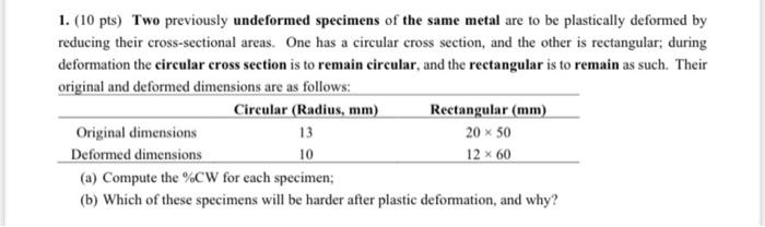1 10 Pts Two Previously Undeformed Specimens Of The Same Metal Are To Be Plastically Deformed By Reducing Their Cross 1
