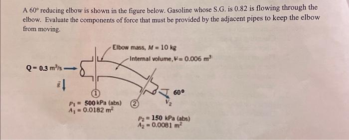 A 60 Reducing Elbow Is Shown In The Figure Below Gasoline Whose S G Is 0 82 Is Flowing Through The Elbow Evaluate Th 1