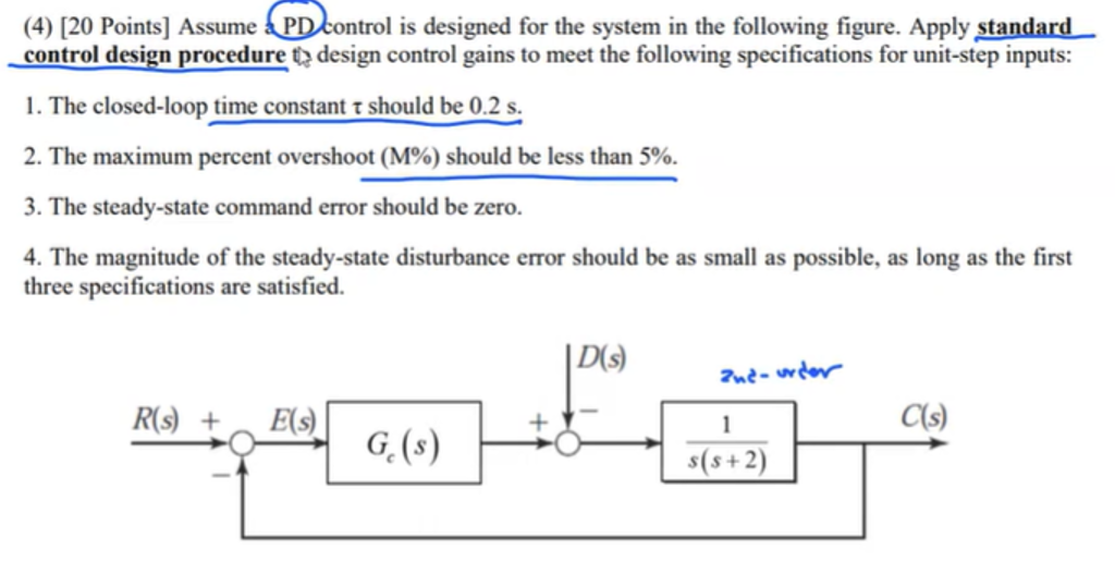 4 20 Points Assume Pd Control Is Designed For The System In The Following Figure Apply Standard Control Design Pr 1