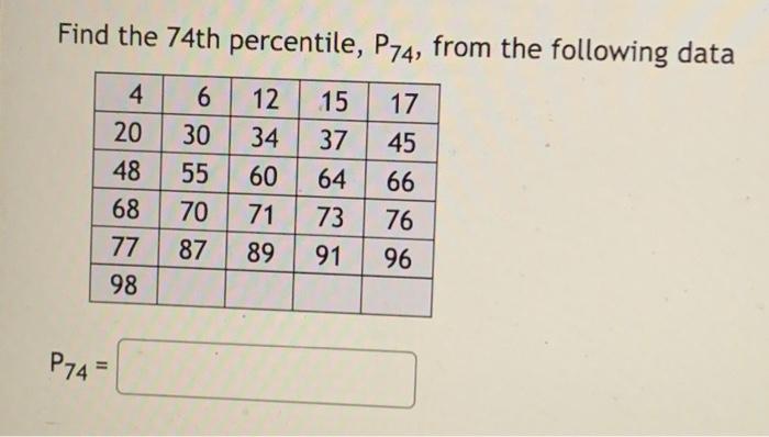 Find The 74th Percentile P74 From The Following Data 17 4 20 48 68 77 98 6 30 55 70 87 12 34 60 71 89 15 37 64 73 91 4 1