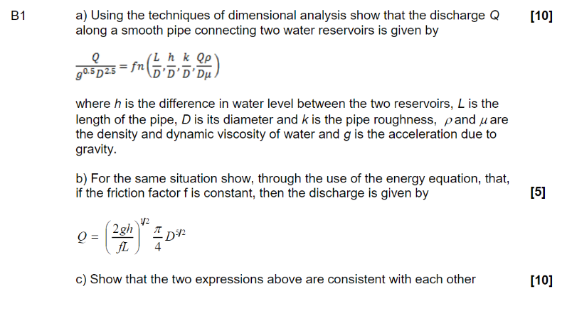 B1 10 A Using The Techniques Of Dimensional Analysis Show That The Discharge Q Along A Smooth Pipe Connecting Two Wat 1
