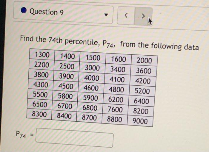 Question 9 Find The 74th Percentile P74 From The Following Data 1300 2200 3800 4300 5500 6500 8300 1400 2500 3900 1