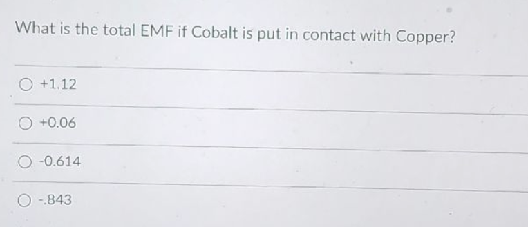 What Is The Total Emf If Cobalt Is Put In Contact With Copper 1 12 O 0 06 0 0 614 1 843 1