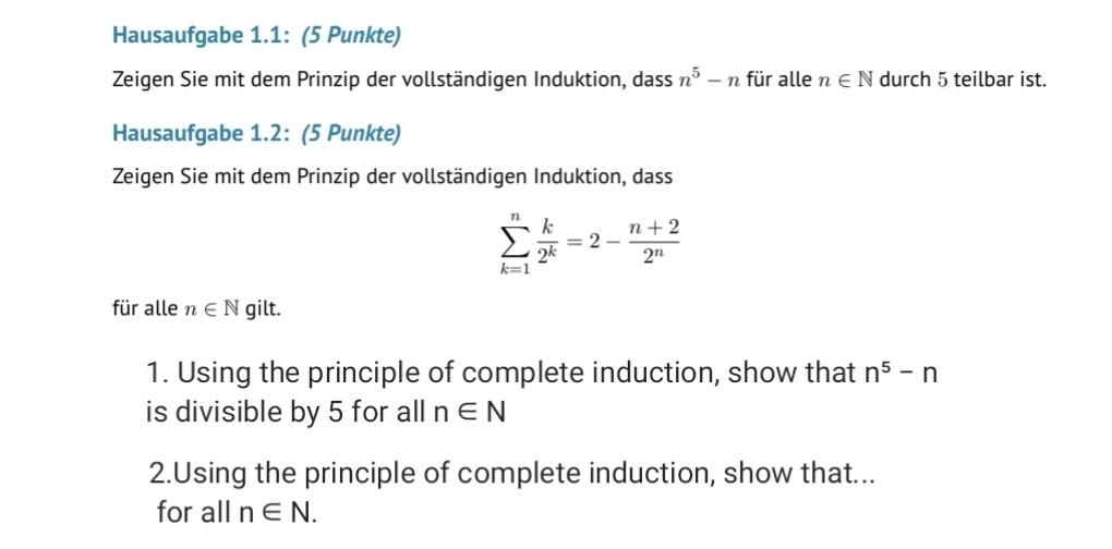 Hausaufgabe 1 1 5 Punkte Zeigen Sie Mit Dem Prinzip Der Vollstandigen Induktion Dass N N Fur Alle N E N Durch 5 Te 1