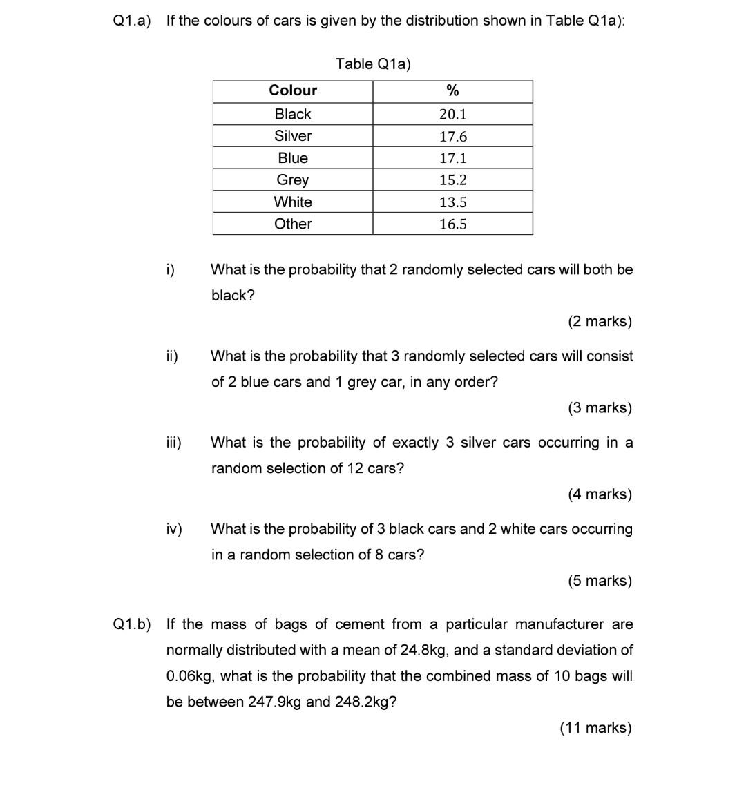 Q1 A If The Colours Of Cars Is Given By The Distribution Shown In Table Q1a Table Q1a Colour 20 1 Black Silver Blu 1