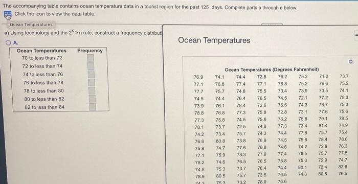 76 8 The Accompanying Table Contains Ocean Temperature Data In A Tourist Region For The Past 125 Days Complete Parts A T 1