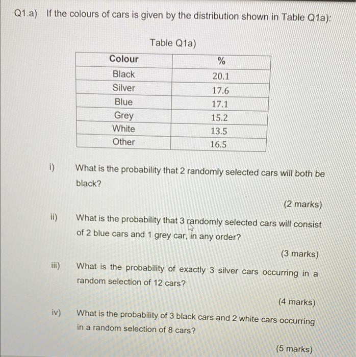 Q1 A If The Colours Of Cars Is Given By The Distribution Shown In Table Q1a Table Q1a 20 1 Colour Black Silver Blu 1