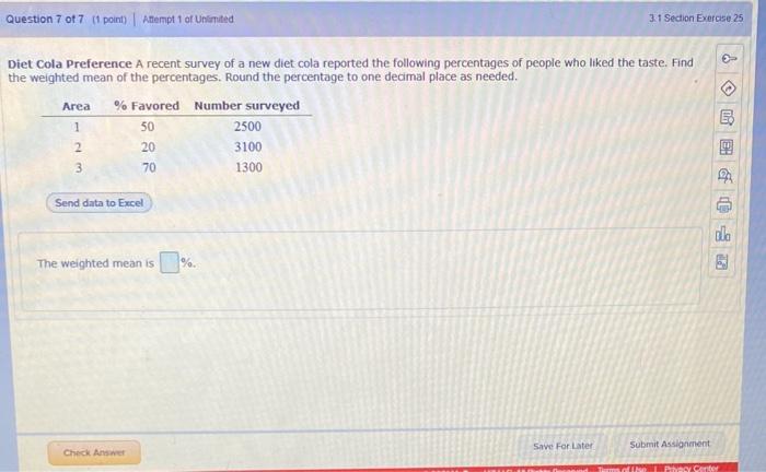 Question 7 Of 7 1 Point Anempt 1 Of Unlimited 3 1 Section Exercise 25 Diet Cola Preference A Recent Survey Of A New 1