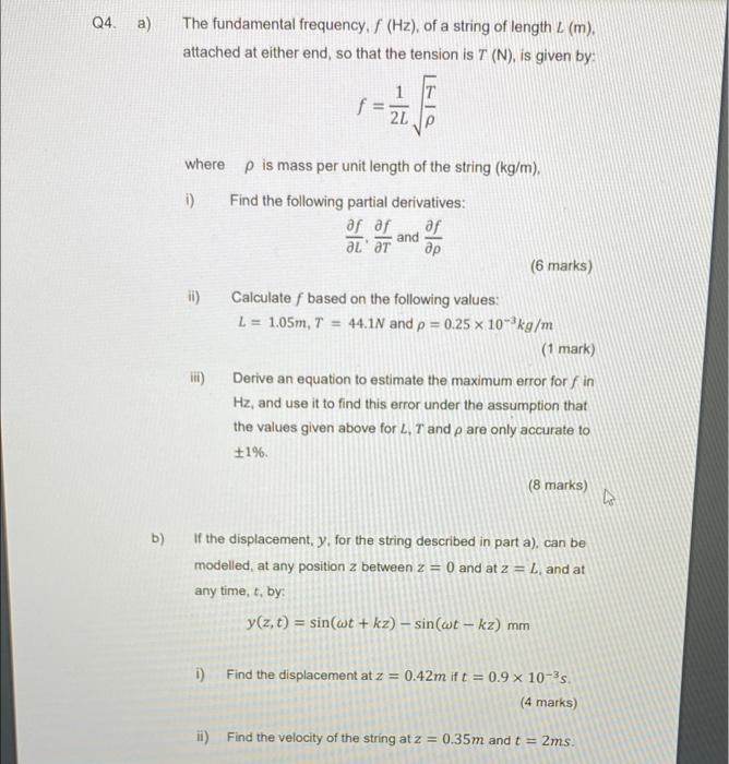 B If The Displacement Y For The String Described In Part A Can Be Modelled At Any Position Z Between Z 0 And At 2
