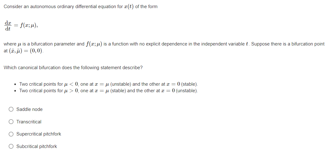 Consider An Autonomous Ordinary Differential Equation For X T Of The Form Du Dt F X P Where Pe Is A Bifurcation Par 1