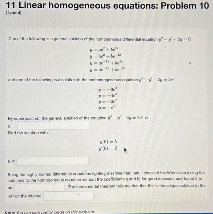 11 Linear Homogeneous Equations Problem 9 1 Point 92 Are Solutions To The Differential Equation It Can Be Shown That 2