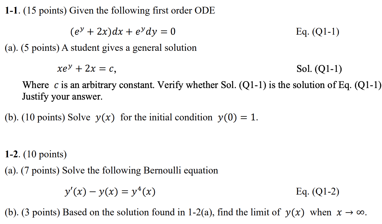1 1 15 Points Given The Following First Order Ode Ey 2x Dx Eydy 0 Eq Q1 1 A 5 Points A Student Gives 1