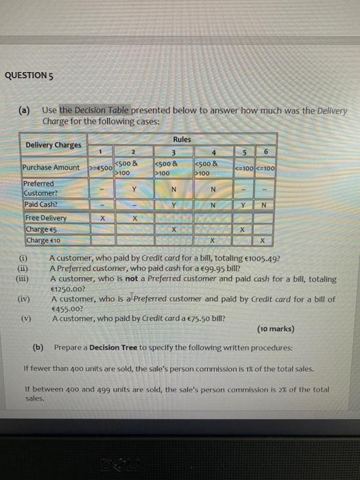 Question 5 A Use The Decision Table Presented Below To Answer How Much Was The Delivery Charge For The Following Cases 1