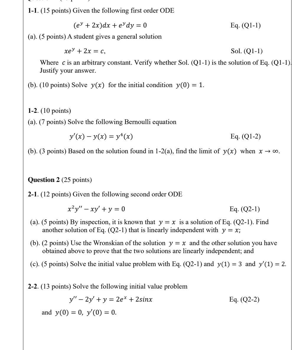1 1 15 Points Given The Following First Order Ode Ey 2x Dx Eydy 0 Eq Q1 1 A 5 Points A Student Gives A 1