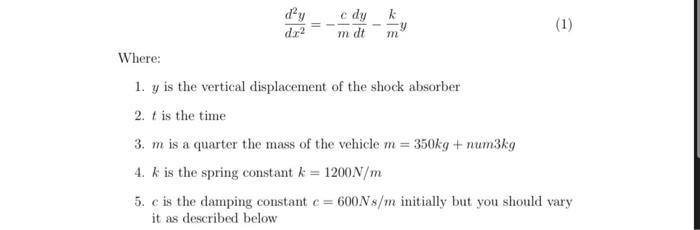 E Dy K D 2 M Dt 1 M Where 1 Y Is The Vertical Displacement Of The Shock Absorber 2 T Is The Time 3 M Is A Quarter 1