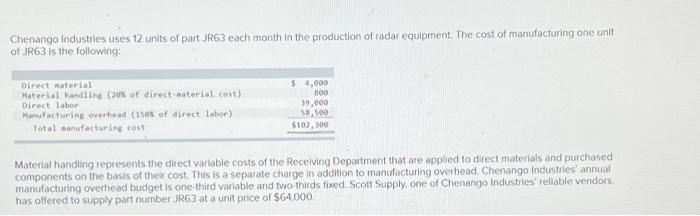 Chenango Industries Uses 12 Units Of Partjr63 Each Month In The Production Of Radar Equipment The Cost Of Manufacturing 1