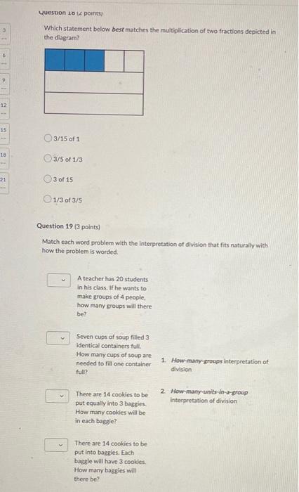 Question 101 Points 2 Which Statement Below Best Matches The Multiplication Of Two Fractions Depicted In The Diagram 6 1