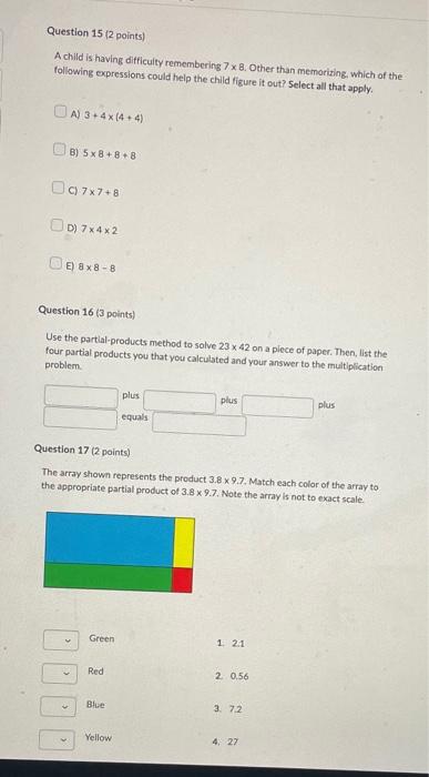 Question 101 Points 2 Which Statement Below Best Matches The Multiplication Of Two Fractions Depicted In The Diagram 6 2