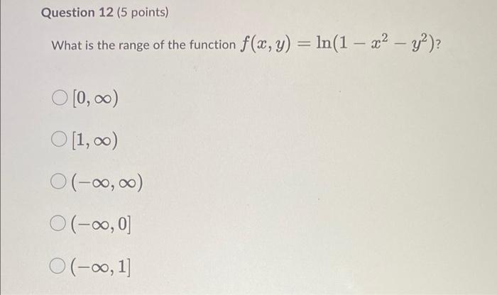 Question 12 5 Points What Is The Range Of The Function F X Y Ln 1 22 Y 0 00 O 1 00 O 00 00 O 0 0 1