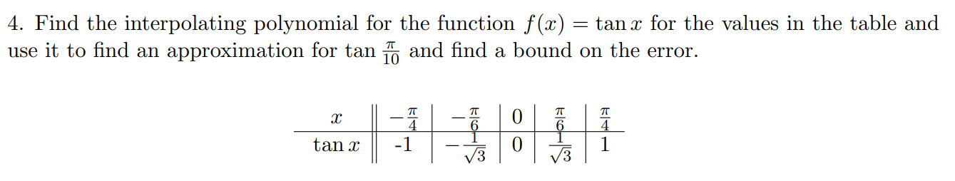 4 Find The Interpolating Polynomial For The Function F X Tan X For The Values In The Table And Use It To Find An A 1