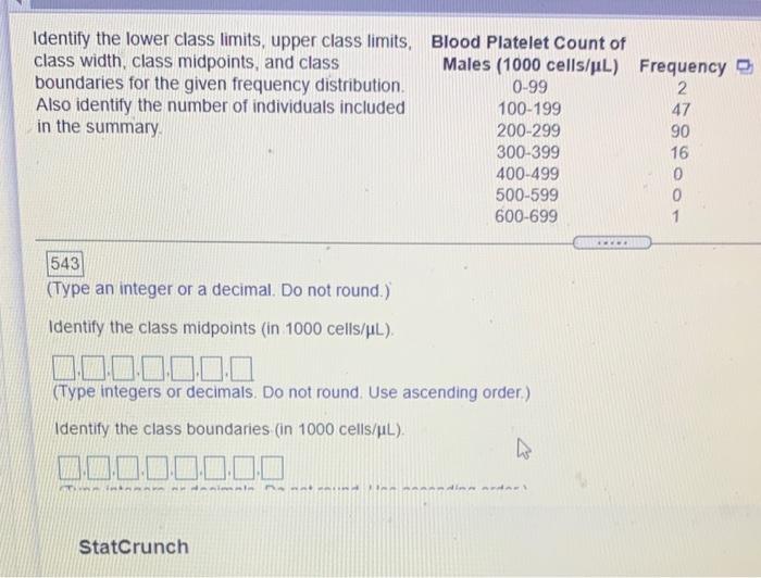 Identify The Lower Class Limits Upper Class Limits Blood Platelet Count Of Class Width Class Midpoints And Class Mal 1