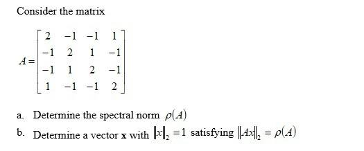 Consider The Matrix 2 1 1 1 1 2 1 1 A 1 1 2 1 1 1 2 1 T A Determine The Spectral Norm Pla B Determine A Vect 1