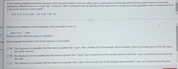 A Food Safety Guideline Is That The Mercury In Fish Should Be Below 1 Part Per Million Ppm Listed Below Are The Amoun 1