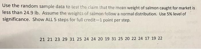 Use The Random Sample Data To Test The Claim That The Mean Weight Of Salmon Caught For Market Is Less Than 24 9 Lb Assu 1