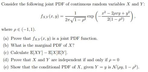 1 Pro Consider The Following Joint Pdf Of Continuous Random Variables X And Y 22 2pry Y2 Fx X X Y Exp 21 P Where 1