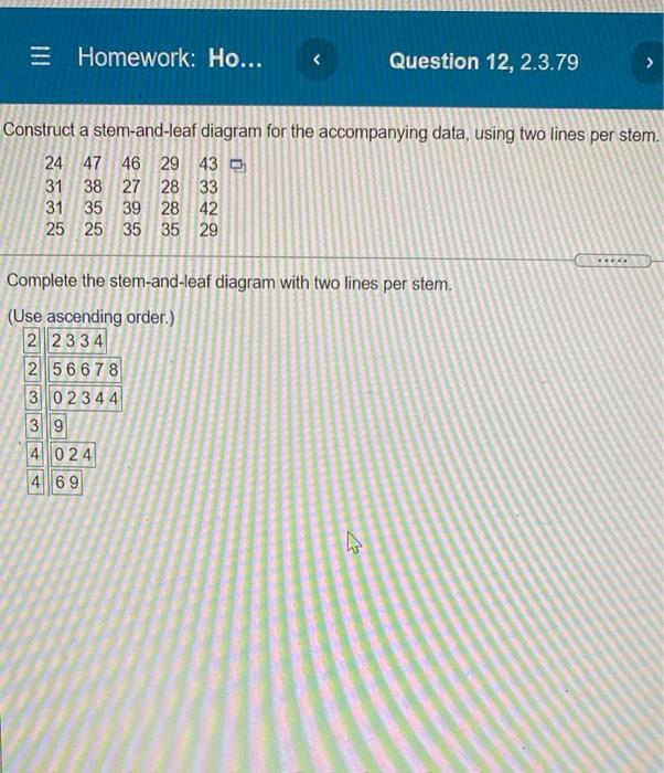 Homework Ho Question 12 2 3 79 Construct A Stem And Leaf Diagram For The Accompanying Data Using Two Lines Per 1