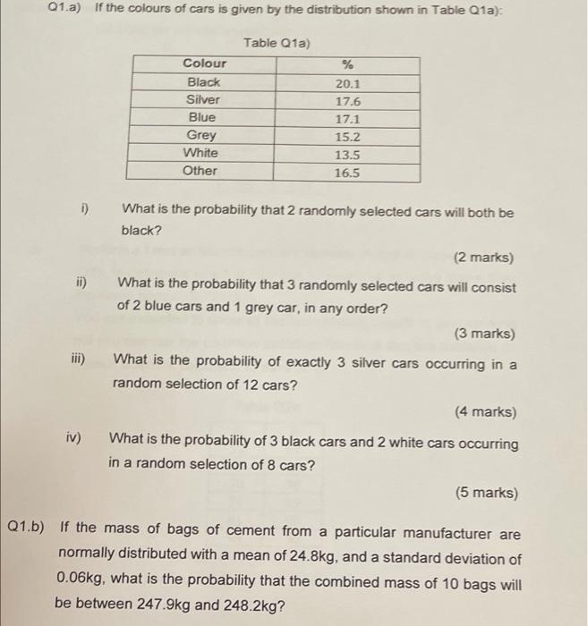 01 A If The Colours Of Cars Is Given By The Distribution Shown In Table Q1a Table Q1a Colour Black Silver Blue Grey 1