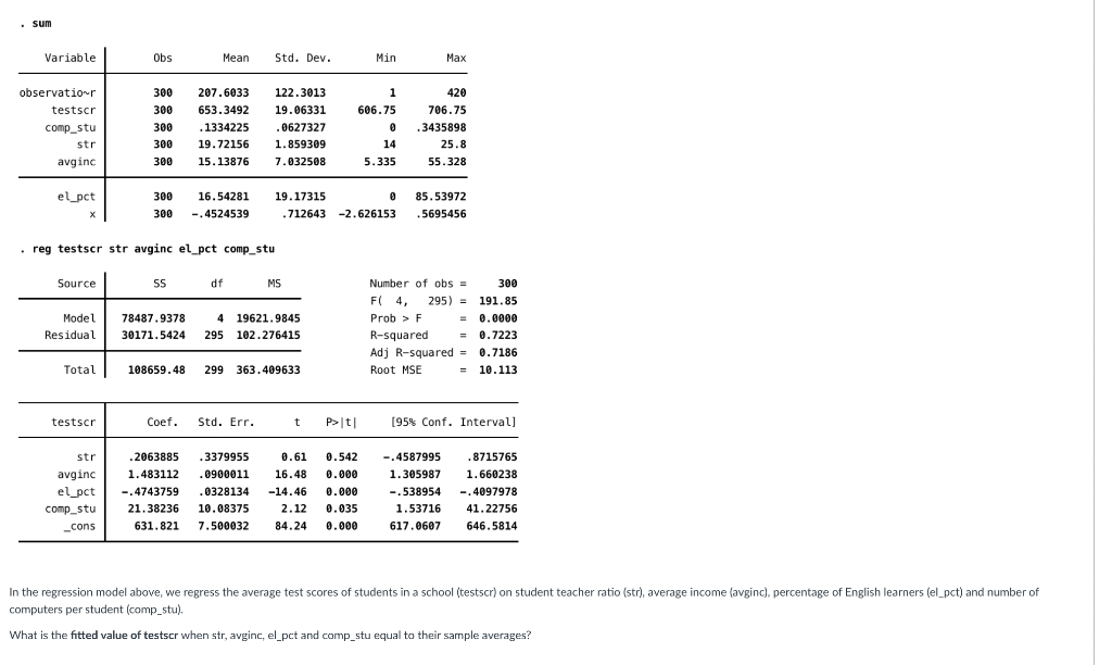 Sum Variable Obs Mean Std Dev Min Max 300 1 Observatior Testscr Comp Stu Str Avginc 207 6033 653 3492 1334225 19 72 1