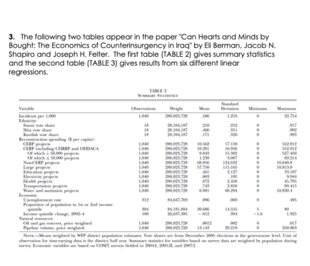 3 The Following Two Tables Appear In The Paper Can Hearts And Minds By Bought The Economics Of Counterinsurgency In I 1