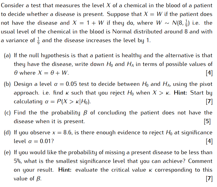 Consider A Test That Measures The Level X Of A Chemical In The Blood Of A Patient To Decide Whether A Disease Is Present 1