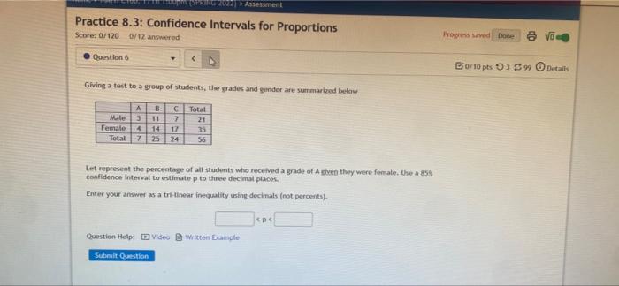 2022 Assessment Practice 8 3 Confidence Intervals For Proportions Scores 0 1200 12 Answered Question Progress Saved Don 1