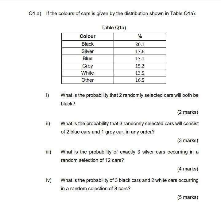 Q1 A If The Colours Of Cars Is Given By The Distribution Shown In Table Q1a Table Q1a Colour Black Silver Blue Gre 1