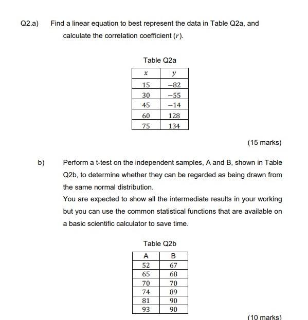 Q2 A Find A Linear Equation To Best Represent The Data In Table Q2a And Calculate The Correlation Coefficient R Tab 1