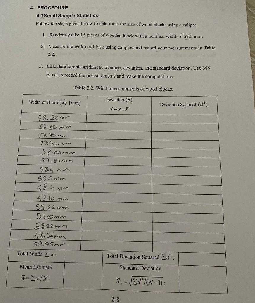 4 Procedure 4 1 Small Sample Statistics Follow The Steps Given Below To Determine The Size Of Wood Blocks Using A Calip 1