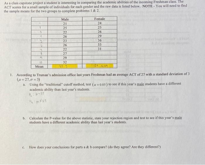 As A Class Capstone Project A Student Is Interesting In Comparing The Academic Abilities Of The Incoming Freshman Class 1