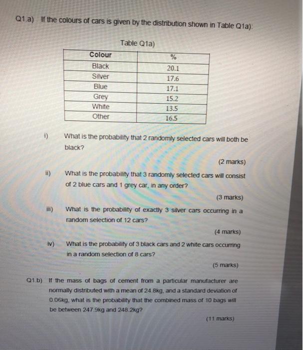 Q1 A If The Colours Of Cars Is Given By The Distribution Shown In Table Q1a Table Q1a 20 1 17 6 Colour Black Silve 1