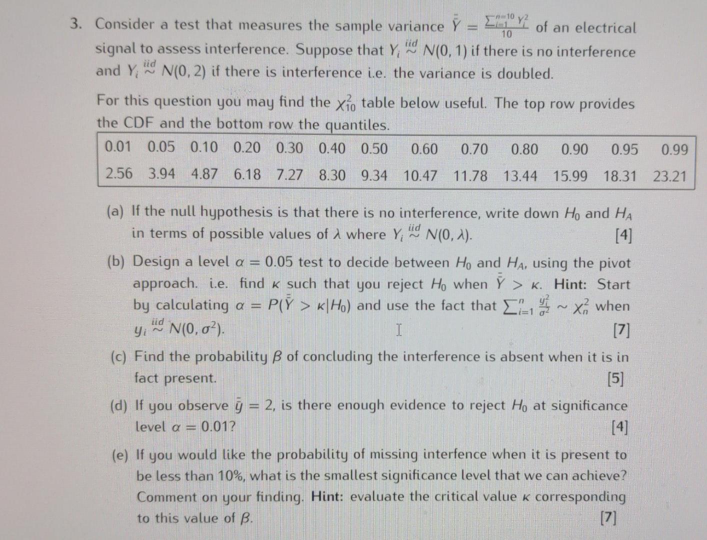 10 Lid 3 Consider A Test That Measures The Sample Variance L Atoy Of An Electrical Signal To Assess Interference Supp 1